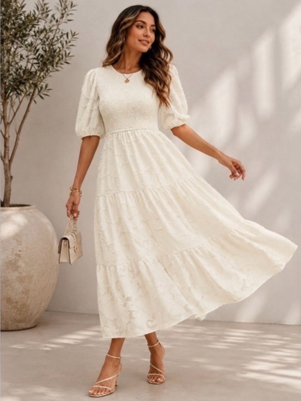 Merokeety Puff Sleeve Flowy Midi Dress Cream Medium